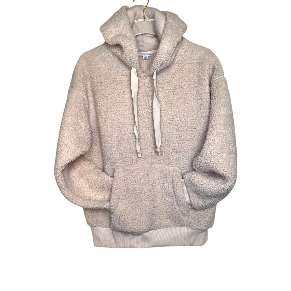 American Eagle Sherpa Fleece Hoodie Pullover in Beige Women's Medium - Picture 3 of 9